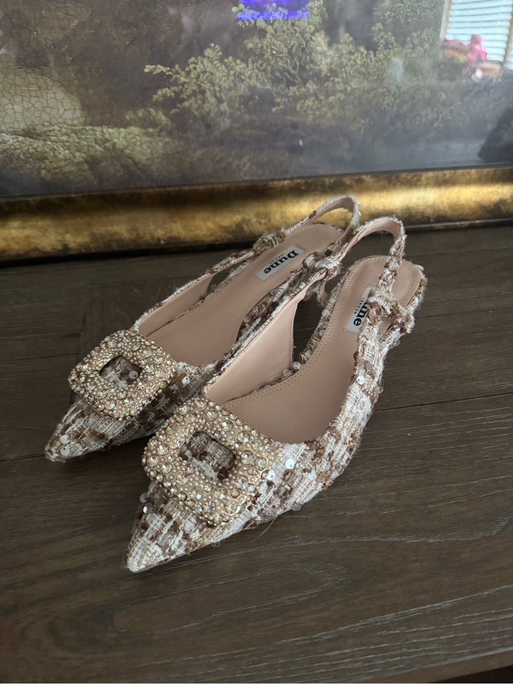Dune London Beige Tweed Slingback Pointed Flats with Embellished Buckle